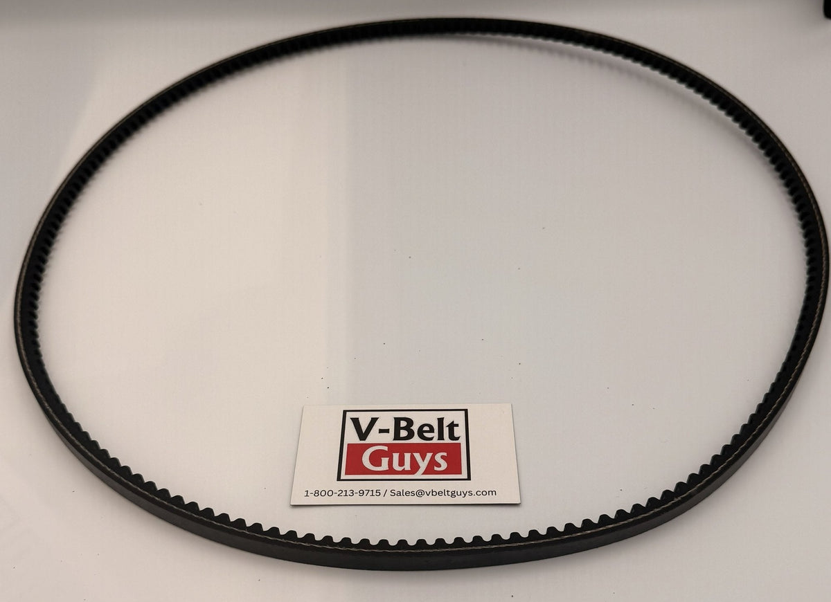3VX cogged wedge V-belt laid flat with V-Belt Guys card for scale
